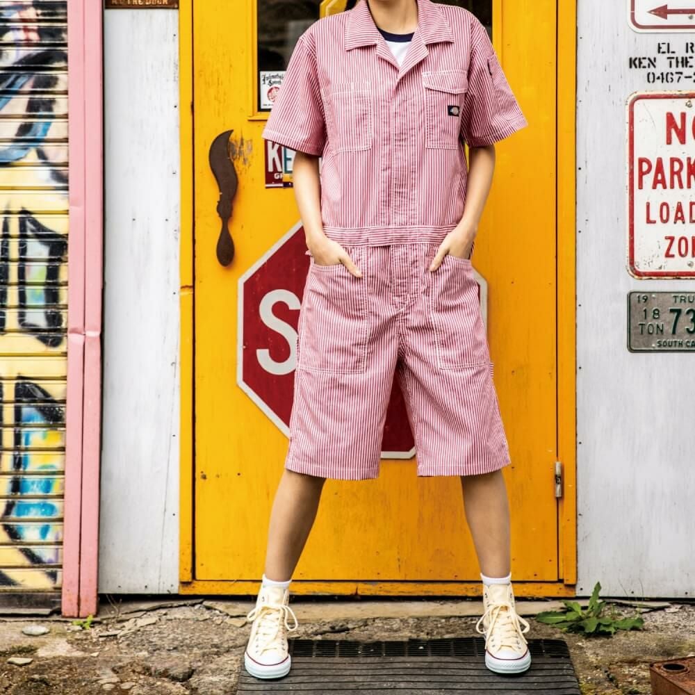 D-7104 【Dickies】ライトヒッコリーストレッチ半袖つなぎショート丈